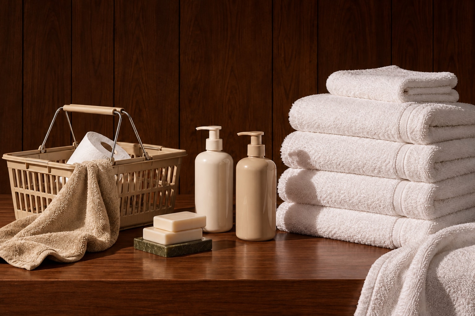 Guest towels and ivory toiletries in a tan basket