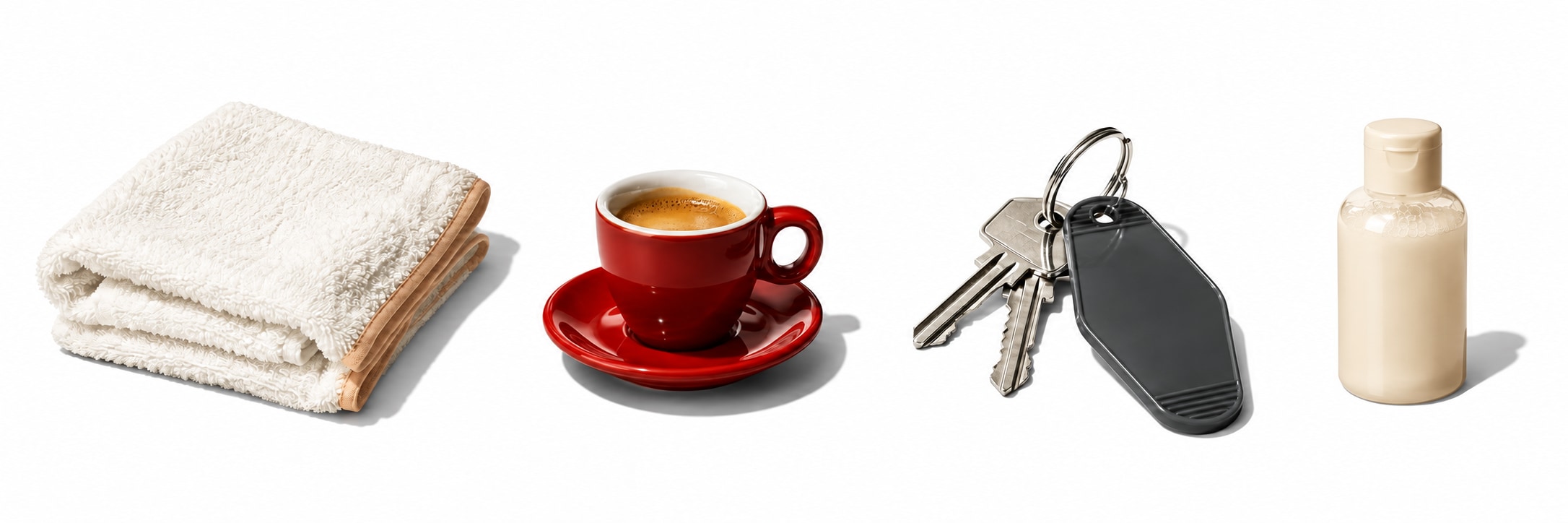 Flash-lit still life of a towel, red coffee cup, house keys with a charcoal tag, and an ivory shampoo bottle on white