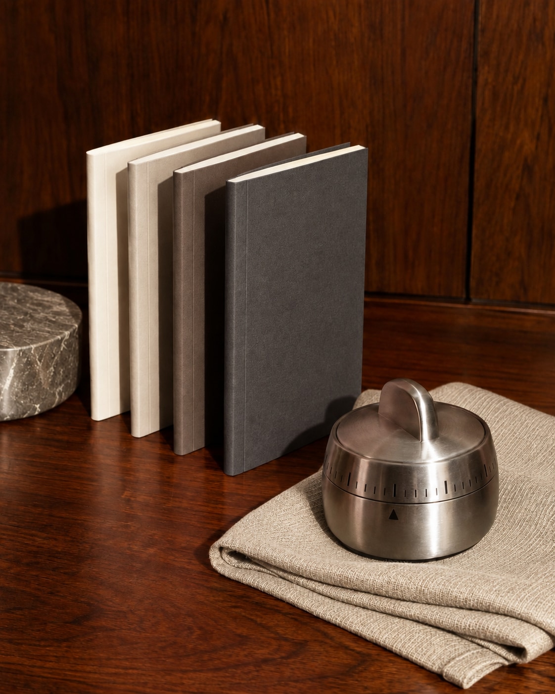 Neutral-toned notebooks and a silver timer for a small money-planning moment
