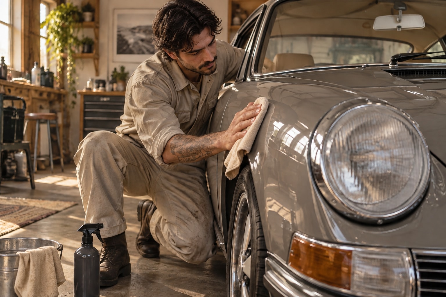 Auto detailers at work, with the tools and setting of their business