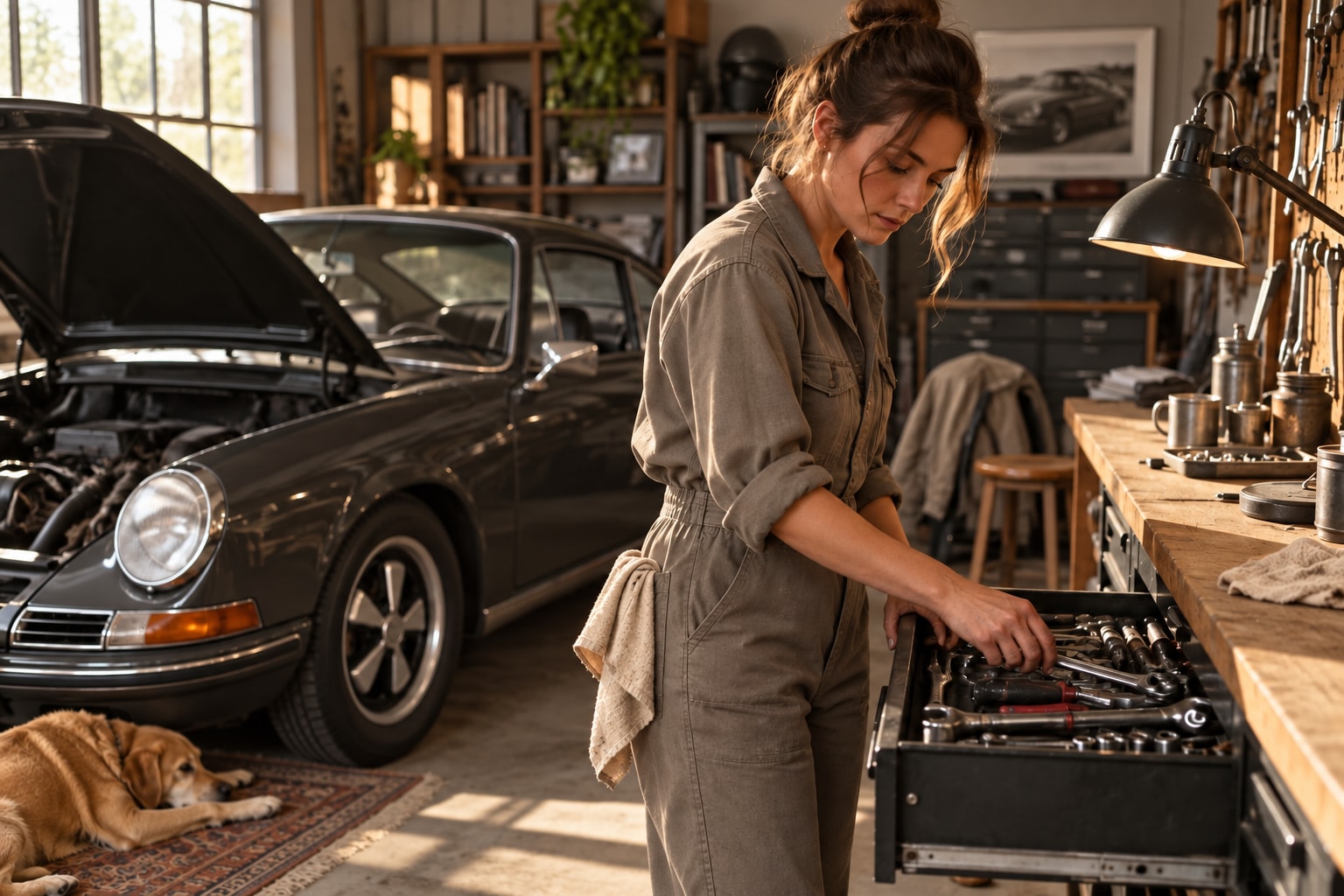 Automotive services at work, with the tools and setting of their business