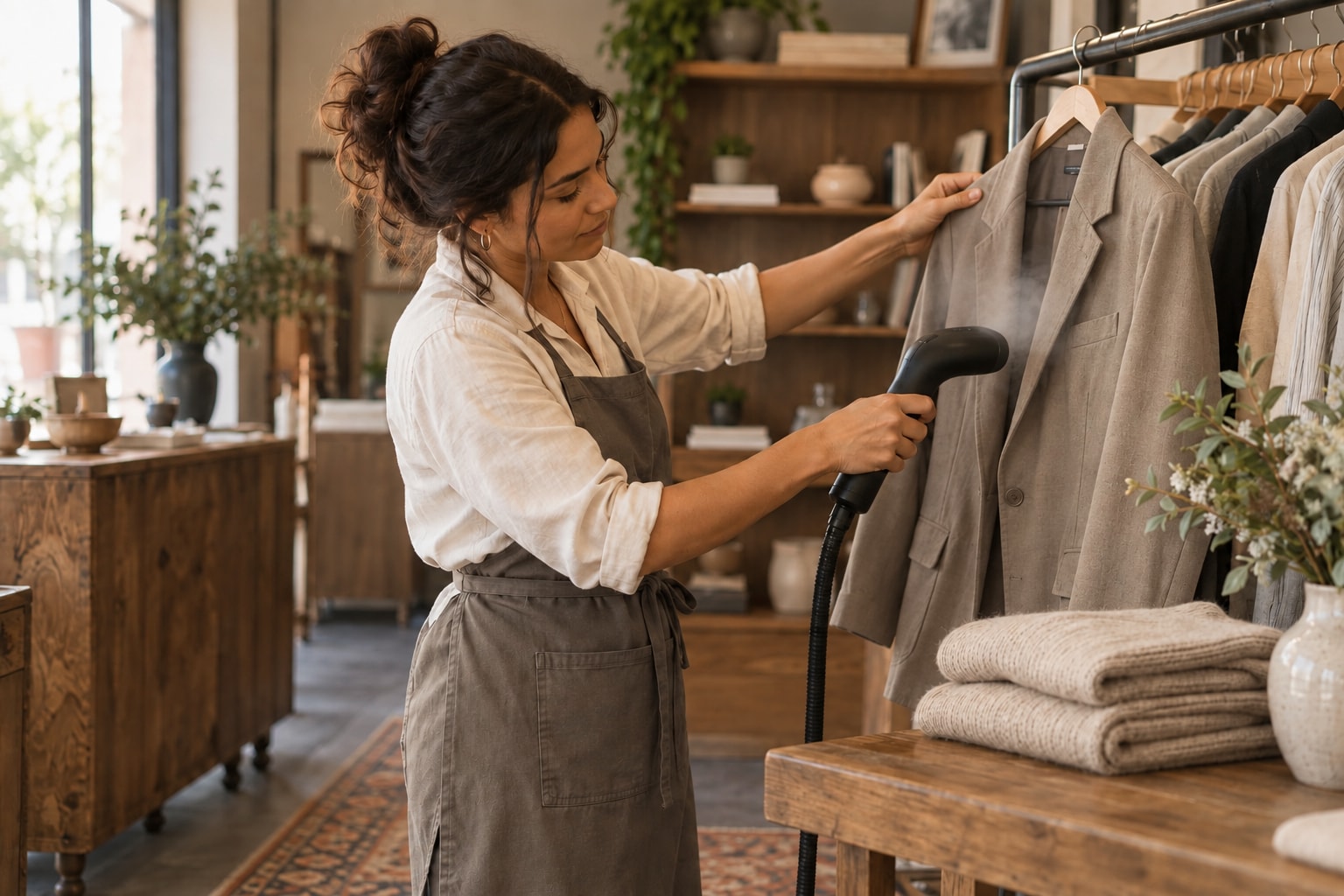 Clothing shops at work, with the tools and setting of their business