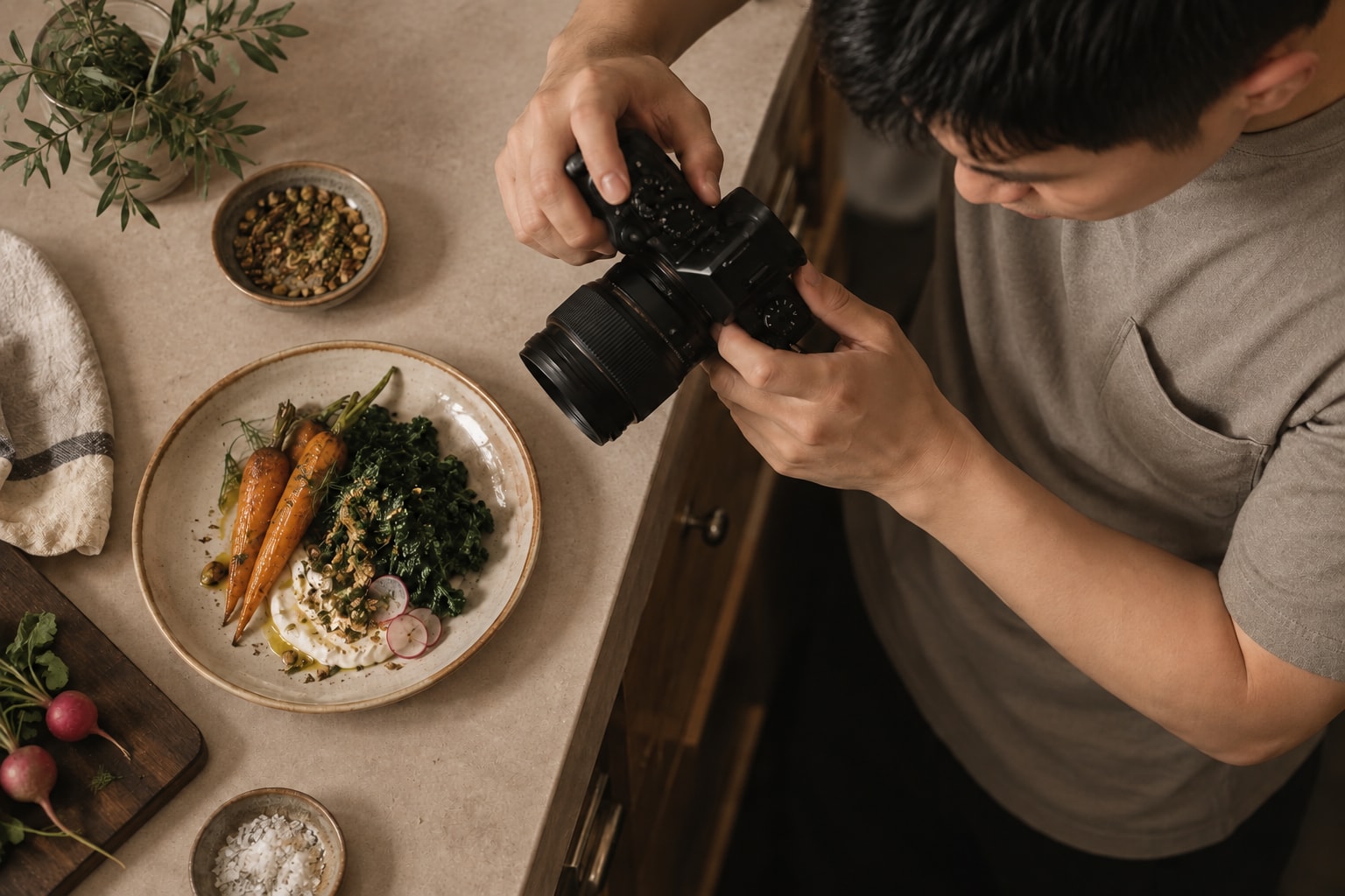 Content creators at work, with the tools and setting of their business