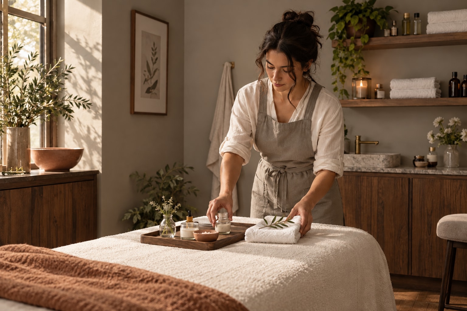 Estheticians at work, with the tools and setting of their business