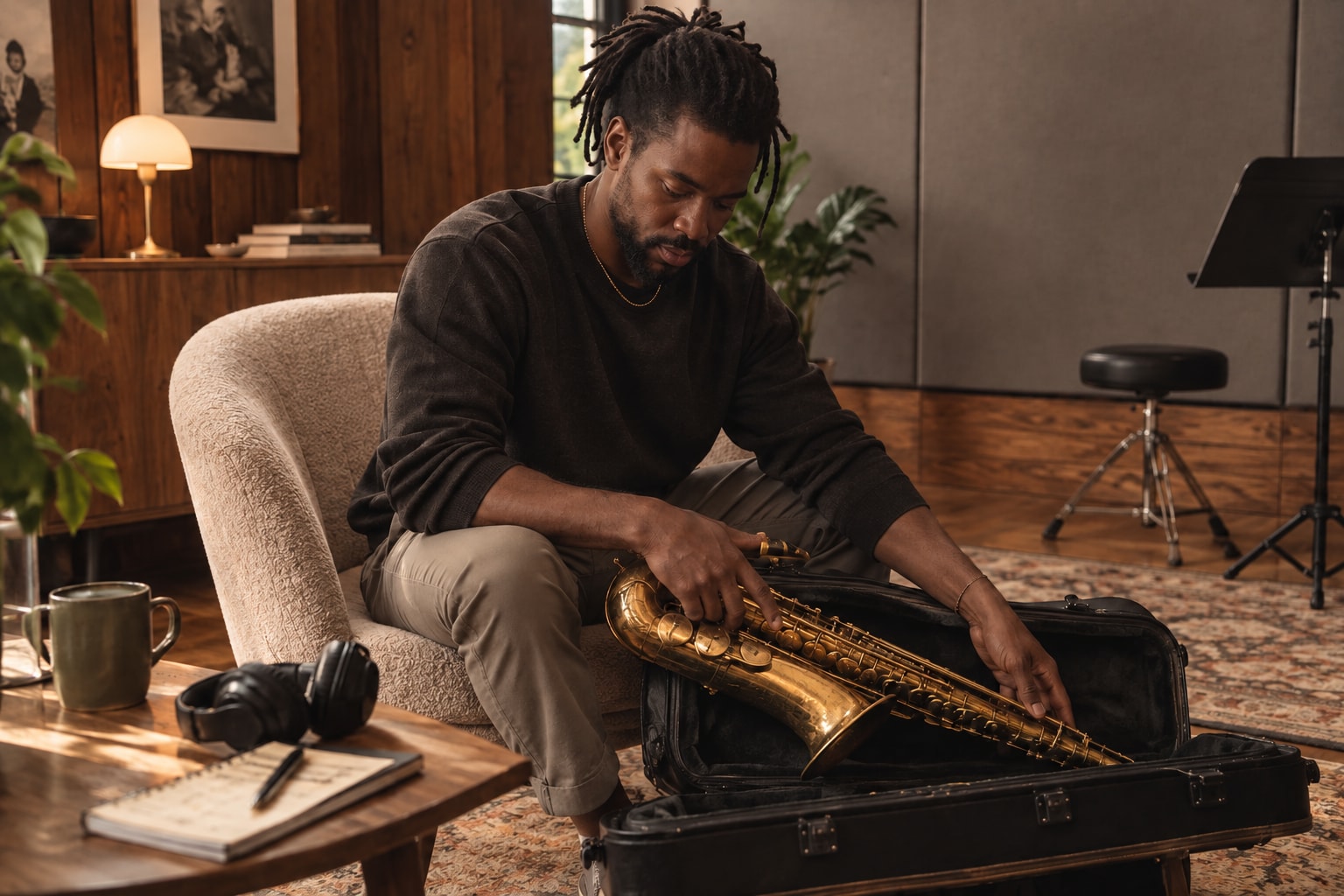 Musicians at work, with the tools and setting of their business