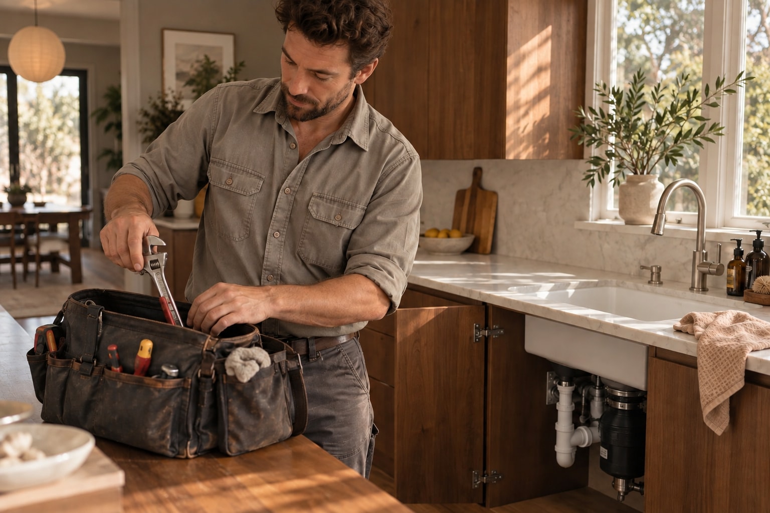 Plumbers at work, with the tools and setting of their business