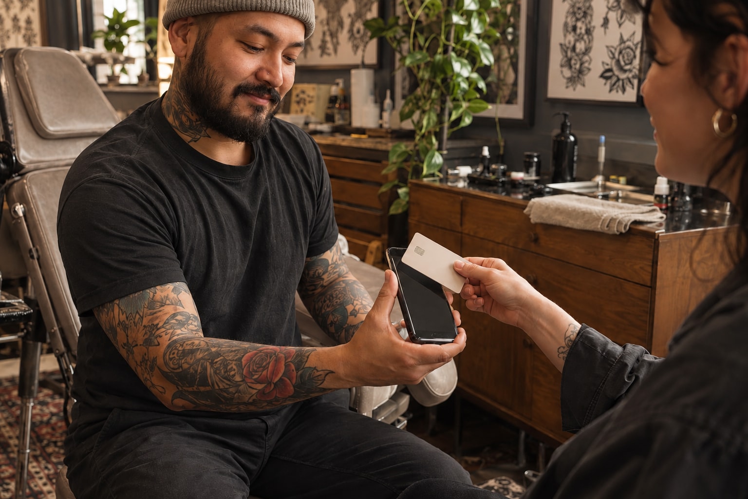 Tattoo artists at work, with the tools and setting of their business
